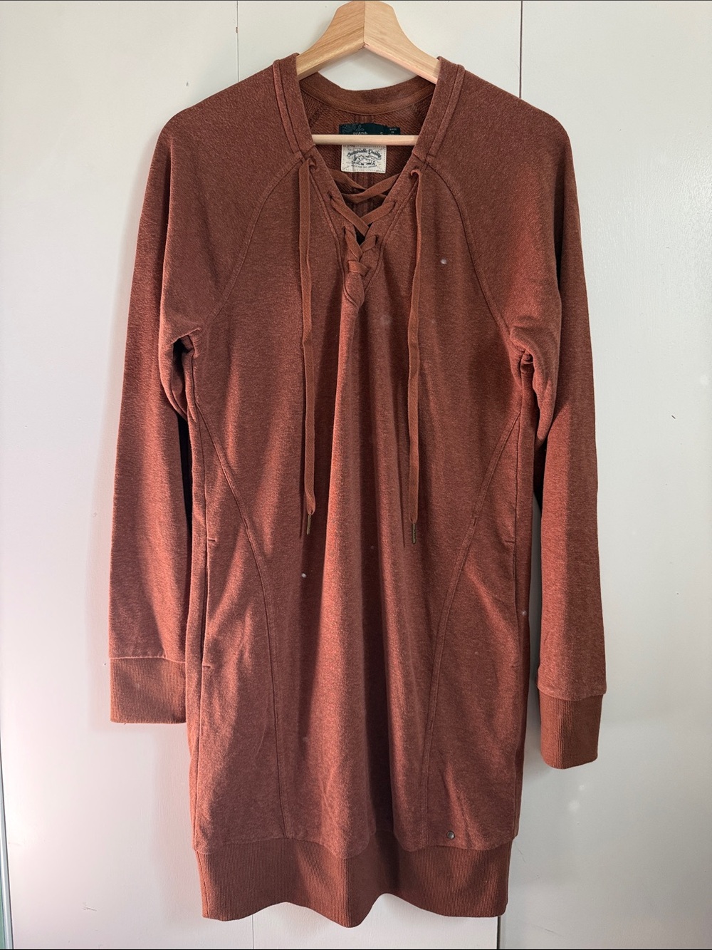 Prana Brown Lace-Up V-Neck Cotton Knit Tunic S Athleisure Comfy Cozy Relaxed Fit